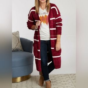 Andree (NWT) Striped Wine/White Relaxed fit Long  Cardigan w/Pockets Size S